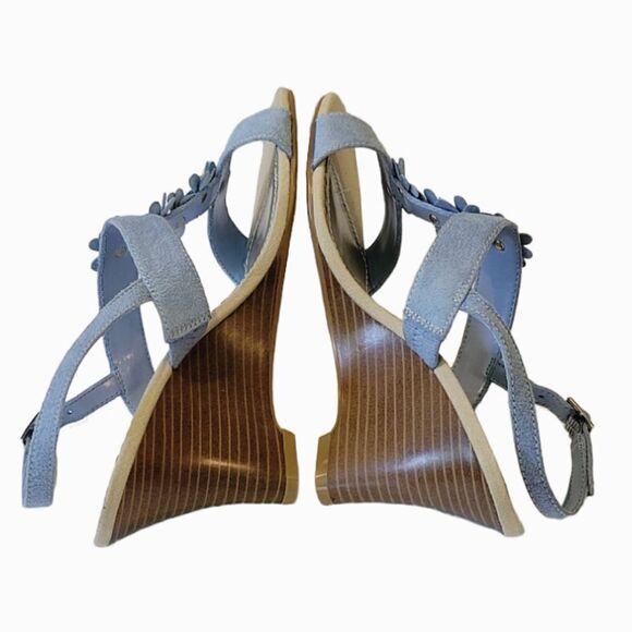 Dexter Lotus Blue Floral T-Strap  Slingback Wedge Sandal Size 6.5 - Picture 7 of 9